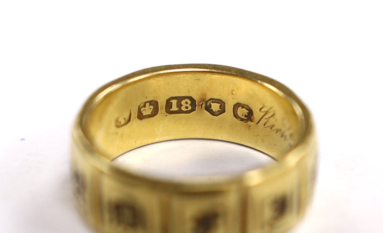 An early Victorian 18ct gold and black enamelled 'In Memory Of' mourning ring, inscribed 'Richd Goodall Esq, Obt 8th March, 1841 at 78' size L/M, gross weight 4.7 grams.
